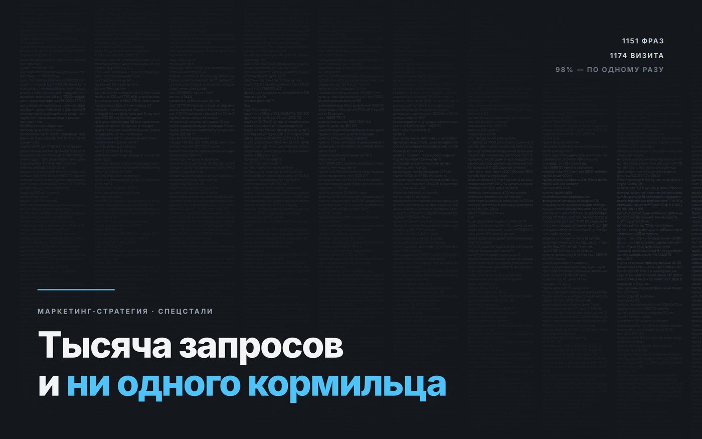 Поле из тысячи поисковых фраз мелким кеглем и заголовок кейса